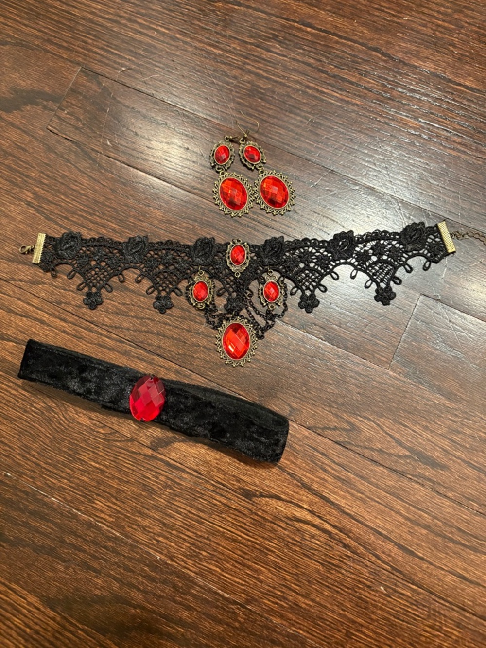 Victorian Black Lace Choker Set with Red Gem Accents